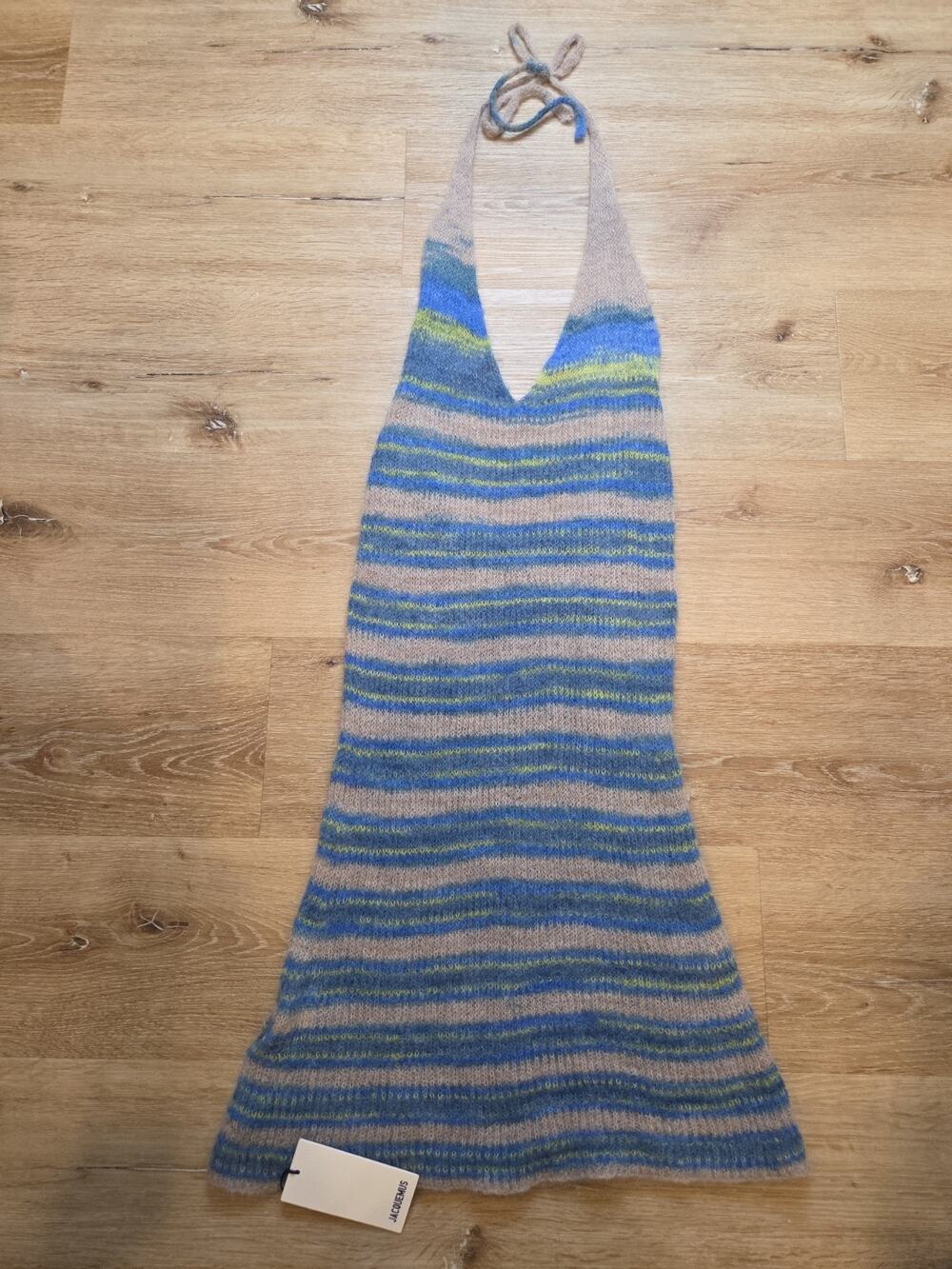 Jacquemus La Robe Tropea Blue Striped Mohair Alpaca Halter Dress FR 40 NWT